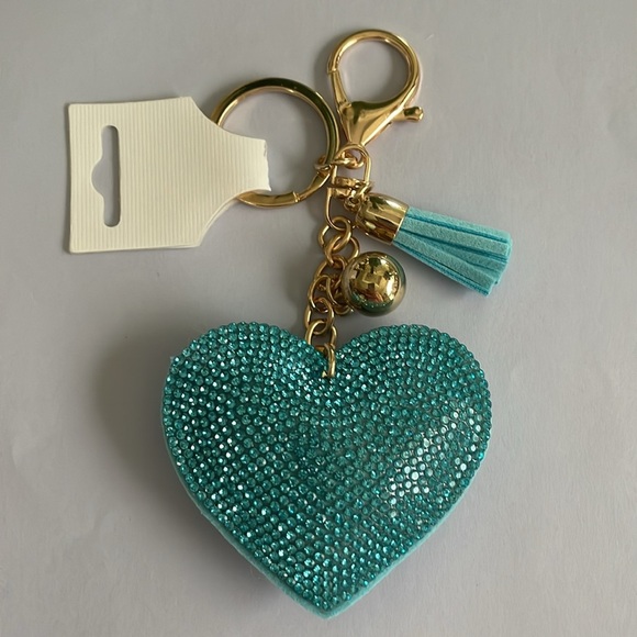 Blue Heart Rhinestone Keychain-Purse Charm Gold Ball-Blue Tassel New - Picture 3 of 6